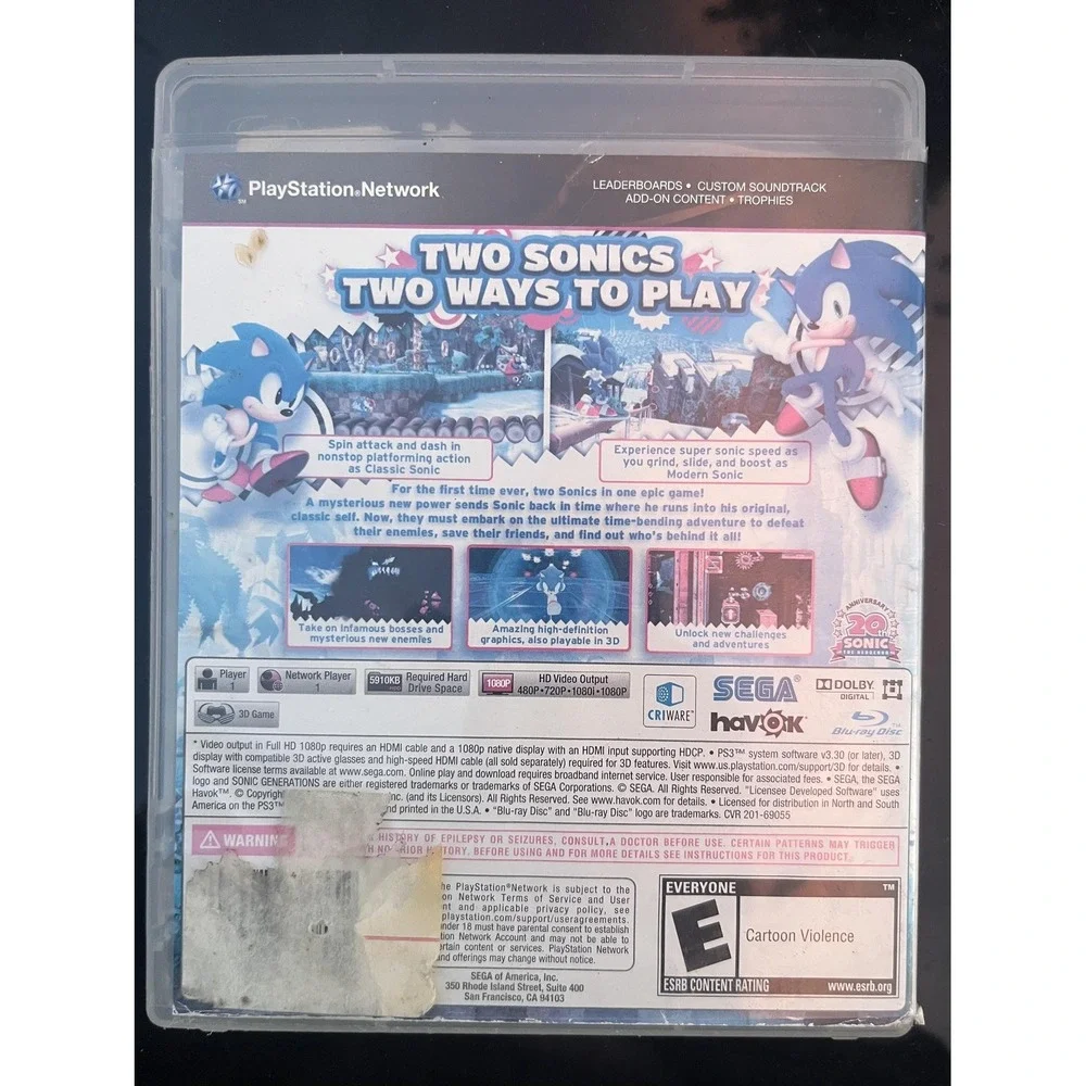 Sonic‎ Generations Sony PlayStation 3 PS3 Video Game 3D Compatible Sega Action
